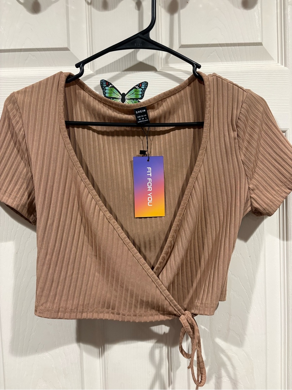 SHEIN Ribbed Wrap Crop Top in Tan
